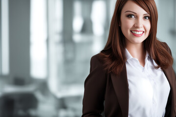 A fictional person, not based on a real person. Portrait of a corporate happy woman in office.