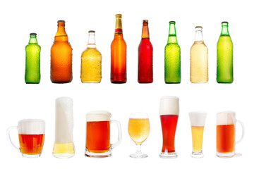 Collection of various full beer bottles and glasses. Png Isolated with transparency