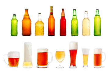 Collection of various full beer bottles and glasses. Png Isolated with transparency