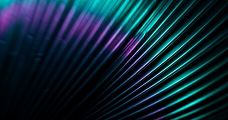 Gradient abstract background. Blur color beams. Music festival illumination. Defocused neon green purple blue glow on dark black ribbed texture free space holographic wallpaper.