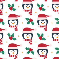 Christmas pattern with cute penguins. Festive background. Seamless pattern. Can be used for web page background fill, surface texture