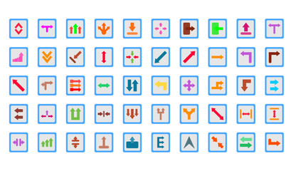 set of 50 arrow web icons in fltstyle such as upward arrow, turn left, fast forward, down arrows, down right arrow, upward vector illustration.