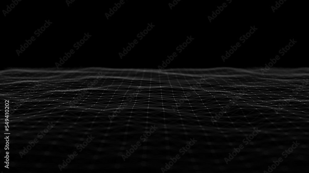 Poster Wave of digital particles on a black background. Abstract interlacing lines and points. Digital connection of elements. Simulation of the movement of small particles. 3D rendering.