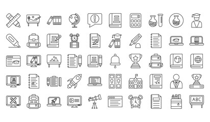 Set of 50Education and Learning web icons in line style. School, university, textbook, learning. Vector illustration.