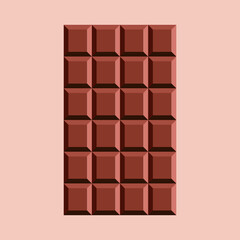 Milk chocolate bar. Unwrapped square pieces of dark chocolate isolated on pink background. Cocoa product, vector illustration