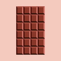Milk chocolate bar. Unwrapped square pieces of dark chocolate isolated on pink background. Cocoa product, vector illustration