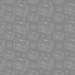 hand drawn ancient closed treasure chest. linear art. seamless pattern on a gray background
