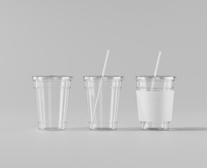 A realistic transparent disposable ice cup with a cup holder, Transparent plastic cup mockup with lid, 3d rendering