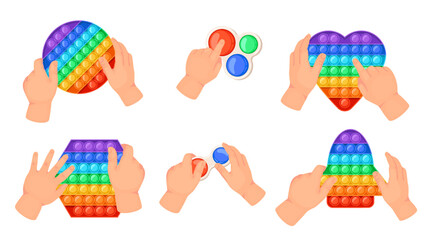 Cartoon rainbow pop it toy bubbles. Relaxing sensory toys for children. Hands holding colorful anti stress game