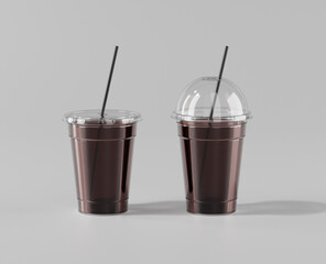 A realistic transparent disposable ice cup with, Transparent plastic cup mockup with lid, Iced Americano, 3d rendering