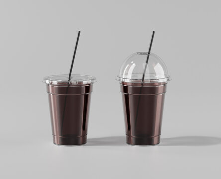 A realistic transparent disposable ice cup with, Transparent plastic cup mockup with lid, Iced Americano, 3d rendering