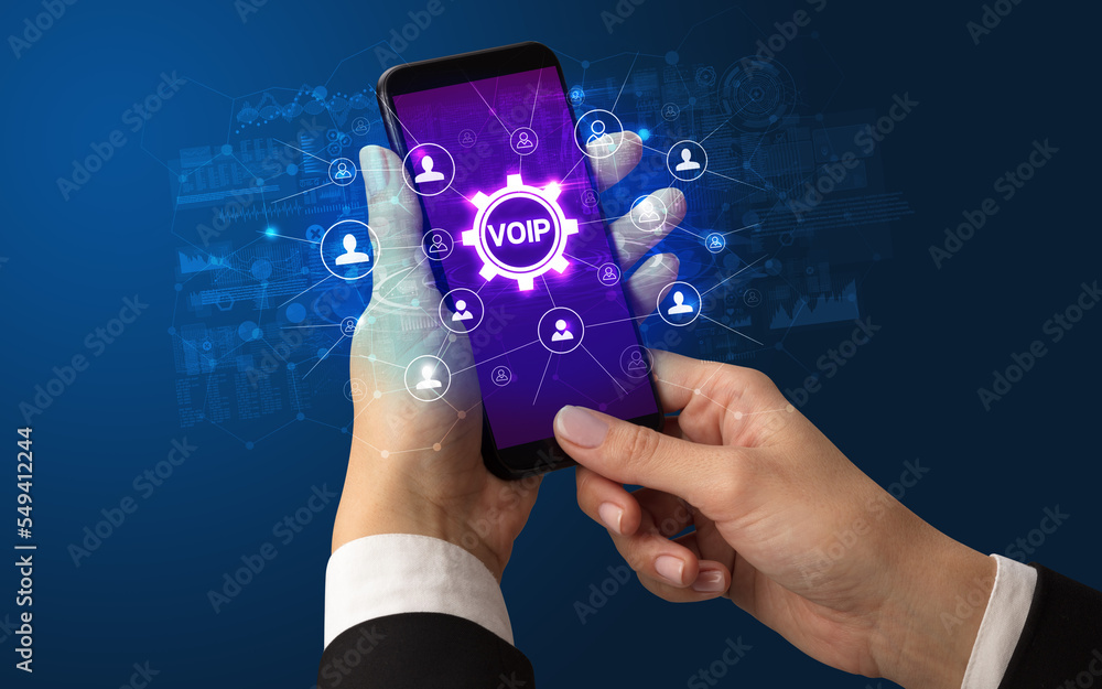 Poster hand using smartphone with technology concept