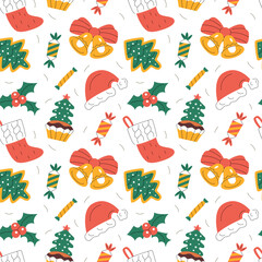 Seamless pattern with various Christmas elements, Santa's red hat, sweets, cookies, cupcakes, bells, socks, holy tree berries