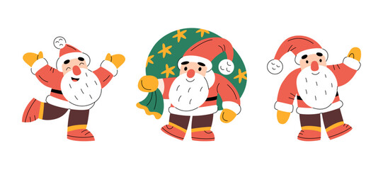 Set of cute Santa Clauses laughing, greeting and waving hands