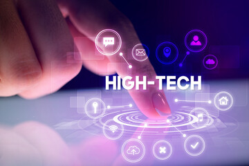 Finger touching tablet with web technology icons concept