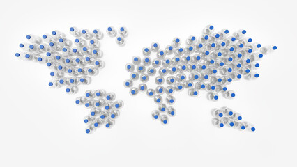 World map shaped plastic bottles on white background