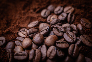 Roasted coffee .Close up. Lying on a bed of ground coffee. Studio macro photography.