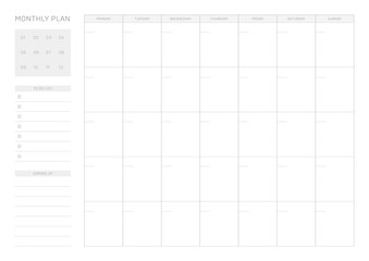 A simple, minimalistic style monthly planner. Note, scheduler, diary, calendar planner document template illustration. - obrazy, fototapety, plakaty