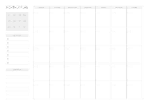 A simple, minimalistic style monthly planner. Note, scheduler, diary, calendar planner document template illustration.
