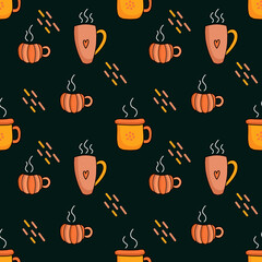 Cozy seamless pattern with warm drinks. Coffee, tea, matcha, cocoa. Vector illustration