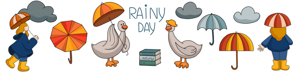 Big rainy set with ducks, umbrellas, clouds and girl in raincoat. Vector illustration