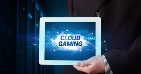 Person holding tablet, technology concept