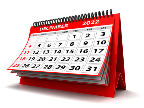 Desktop Calendar December 2022 isolated in white background, December 2022 Spiral Calendar can be used for Stationary, flyer, banner background. 3d render