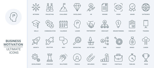 Obraz na płótnie Canvas Business mission, challenge and motivation thin line icons set vector illustration. Abstract outline HR recruiting and outsource, leadership training and skills development, award and career of leader