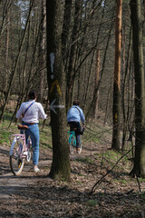 Obraz premium A portrait shot of cyclists riding in a Spring forest at Holosiivskyi National Nature Park, Kyiv, Ukraine