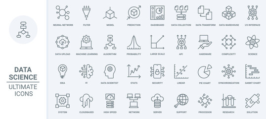 Data analysis, neural network innovation and science thin line icons set vector illustration. Abstract outline AI brain, machine learning technology for prediction, transformation and data storage