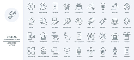 Naklejka na ściany i meble Digital network technology and communication thin line icons set vector illustration. Abstract outline mobile apps for online banking and social media, information storage, industry automation
