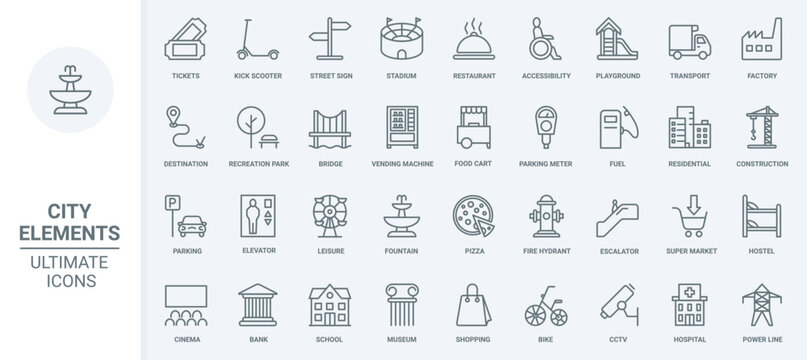 City Elements Thin Line Icons Set Vector Illustration. Abstract Outline Office Building And Condo Skyscrapers, Stadium And Restaurant, Street Signs And Parking For Transport, Playground And Food Court