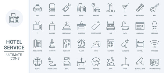 Naklejka na ściany i meble Hotel service thin line icons set vector illustration. Abstract outline reception and taxi for tourists with luggage, parking and laundry, room furniture for hostel and payment, bar and restaurant