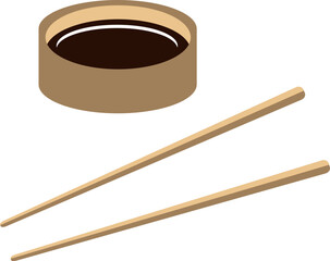 Soy sauce and chopsticks for sushi, vector. Soy sauce in a gravy boat and wooden chopsticks for sushi.