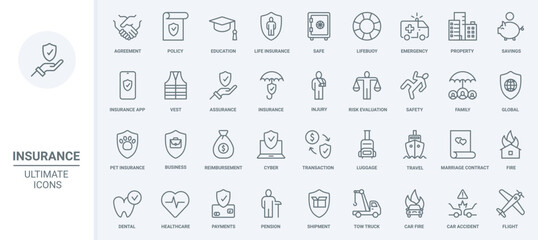 Naklejka na ściany i meble Insurance thin line icons set vector illustration. Abstract outline global financial protection shield for health, real estate and business, marriage contract and education agreement, healthcare