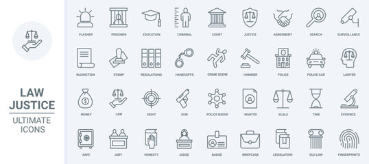 Obraz na płótnie Canvas Law and justice thin line icons set vector illustration. Abstract outline legal system badges and symbols, documents for agreement and judgment, judge gavel and injunction, police station and prison