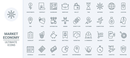 Fototapeta na wymiar Finance and budget, economy, financial investment and savings thin line icons set vector illustration. Abstract outline collection with bank accounting and chart report, distribution and contract