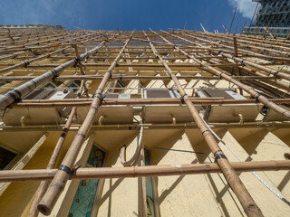 Asian bamboo scaffolding, looking up.