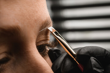 close-up on brush with white paste which makeup artist makes markings for eyebrow correction