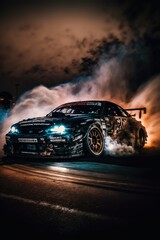 A tuned sports Car drifting with smoke at night with blue headlights, JDM Japanese Domestic Market, abstract - obrazy, fototapety, plakaty