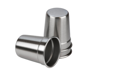 Steel shot glasses isolated on white background. Bar accessories and tools for making cocktail.