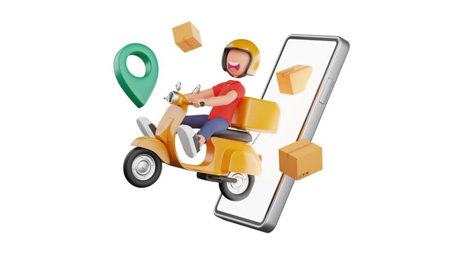 3d animation of a courier riding yellow motorcycle out of the smartphone