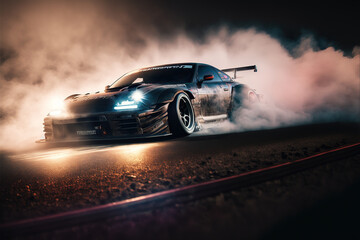 Fototapeta na wymiar A black tuned sports Car Drifting with Smoke at night, JDM Japanese Domestic Market