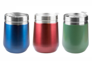 Multicolored thermo mug isolated on a white background. Steel thermos for hot drinks outdoors.