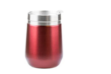 Red thermo mug isolated on a white background. Steel thermos for hot drinks outdoors.