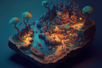 AI generated image of an isometric model or diorama of a detailed Pirates' cove island 