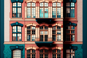 Fototapeta premium Abstract graphic of a building wall busy with windows and color 
