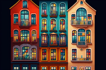 Abstract graphic of a building wall busy with windows and color	