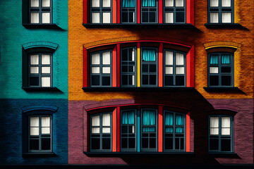 Abstract graphic of a building wall busy with windows and color	