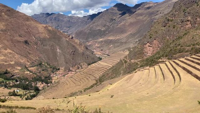 Farm terraces at Inca ruins at Pisac in the Sacred Valley in Cusco, Peru